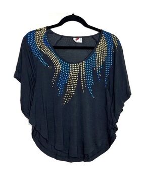 FREE PEOPLE black batwing flowy top with gold and blue studs size XS